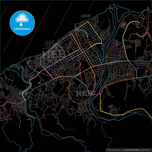 La Ceiba, Atlántida, Honduras, colorful city map on black background