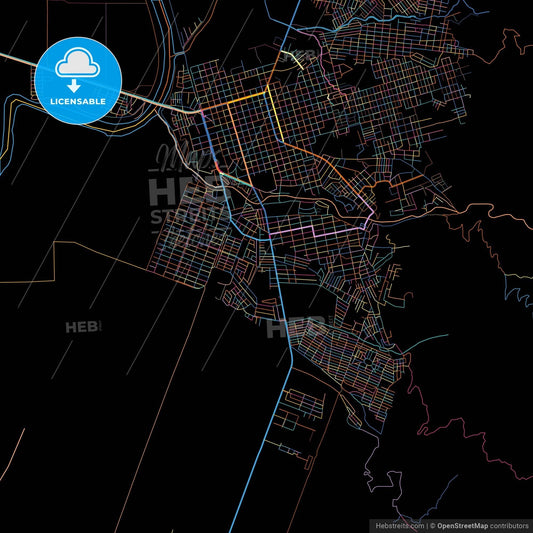 El Progreso, Yoro, Honduras, colorful city map on black background