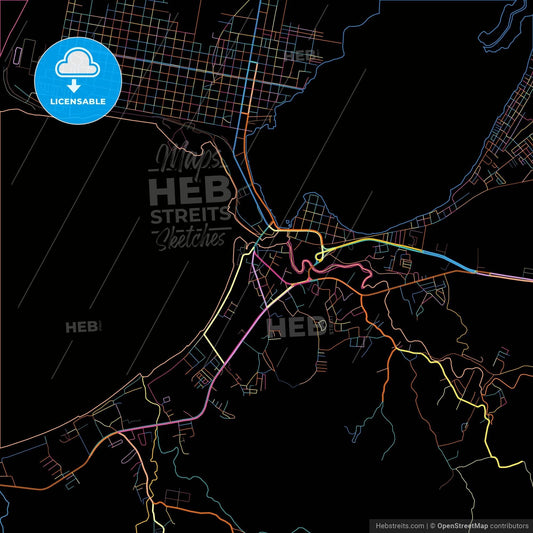Puerto Cortés, Cortés, Honduras, colorful city map on black background