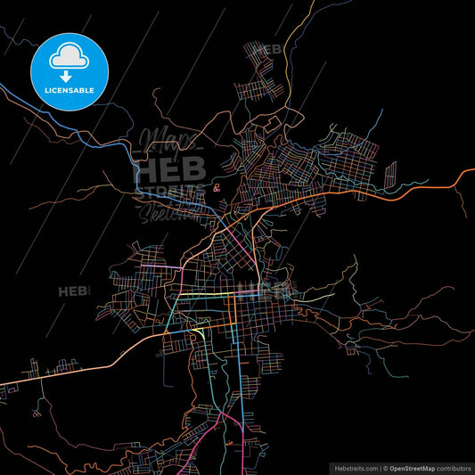 Danlí, El Paraíso, Honduras, colorful city map on black background