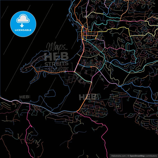 Kingston, Saint James, Jamaica, colorful city map on black background