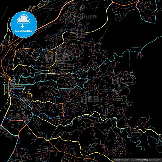 Montego Bay, Saint Catherine, Jamaica, colorful city map on black background