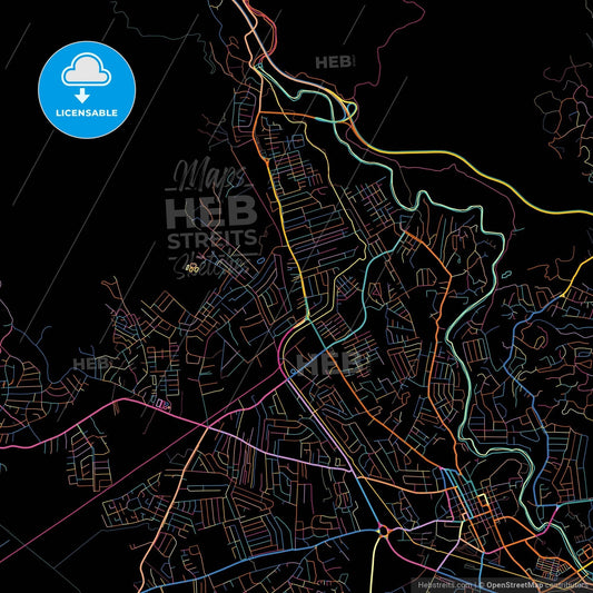 Spanish Town, Saint Catherine, Jamaica, colorful city map on black background