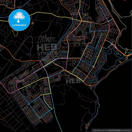 Portmore, Clarendon, Jamaica, colorful city map on black background