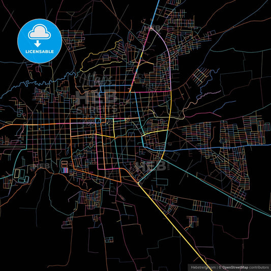 León, León, Nicaragua, colorful city map on black background