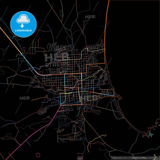 Granada, Granada, Nicaragua, colorful city map on black background