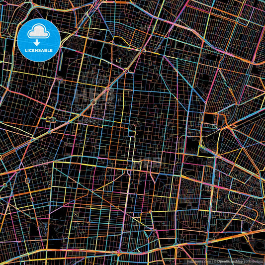 Mexico City, Mexico City, Mexico, colorful city map on black background