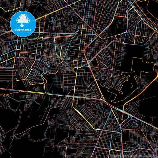 Reynosa, Tamaulipas, Mexico, colorful city map on black background