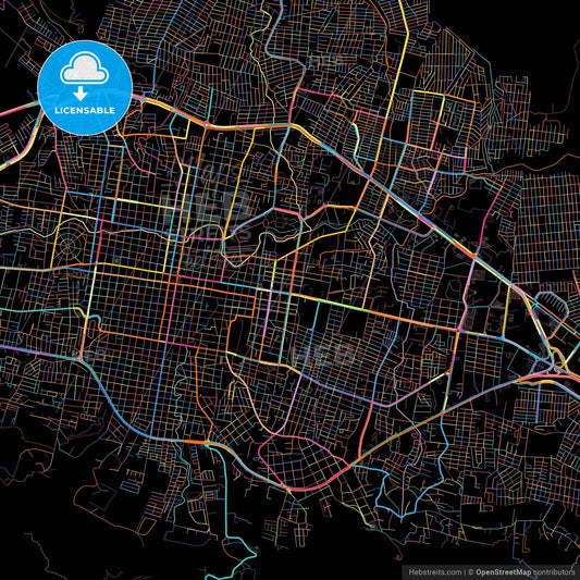Tuxtla Gutiérrez, Chiapas, Mexico, colorful city map on black background