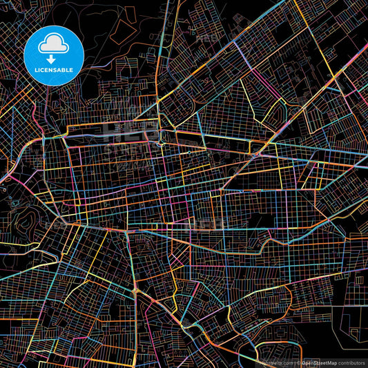 Durango, Durango, Mexico, colorful city map on black background