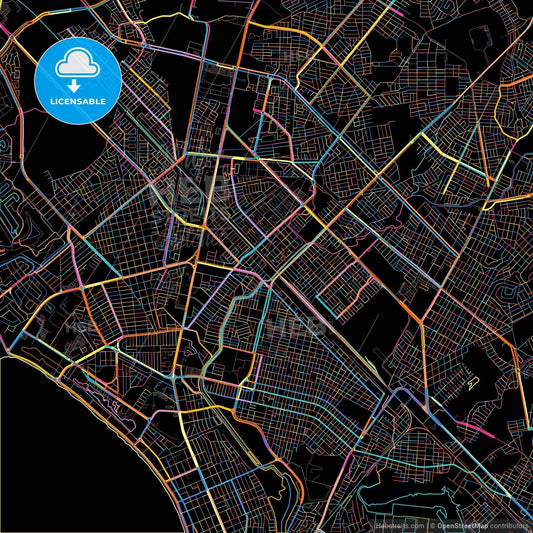 Mazatlán, Sinaloa, Mexico, colorful city map on black background