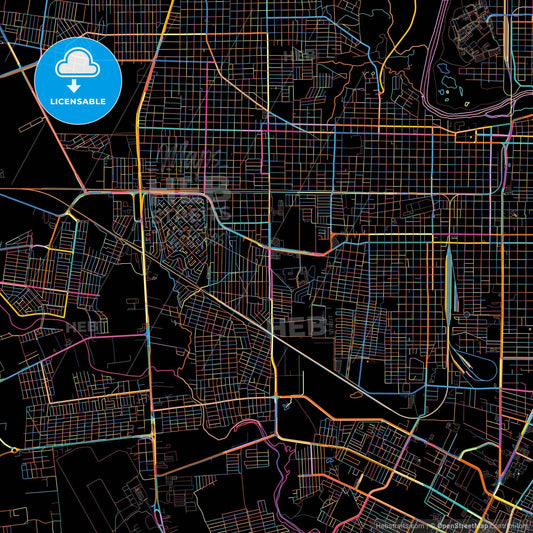 Nuevo Laredo, Tamaulipas, Mexico, colorful city map on black background