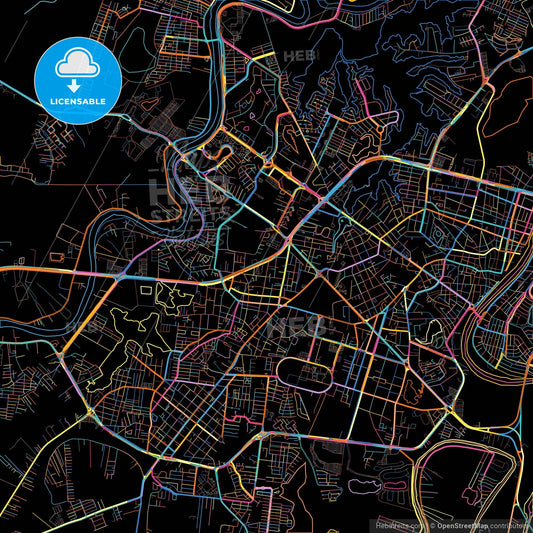 Villahermosa, Tabasco, Mexico, colorful city map on black background