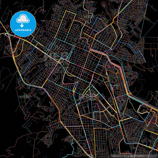 Tepic, Nayarit, Mexico, colorful city map on black background