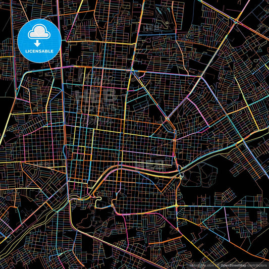 Ciudad Victoria, Tamaulipas, Mexico, colorful city map on black background