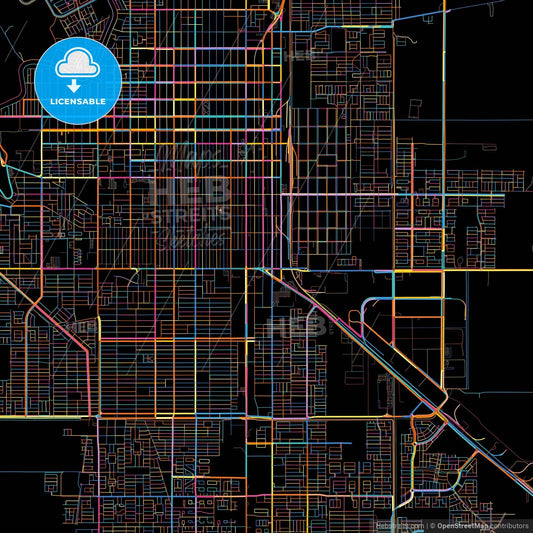 Ciudad Obregón, Sonora, Mexico, colorful city map on black background