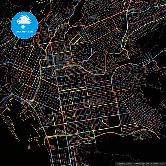 Ensenada, Baja California, Mexico, colorful city map on black background
