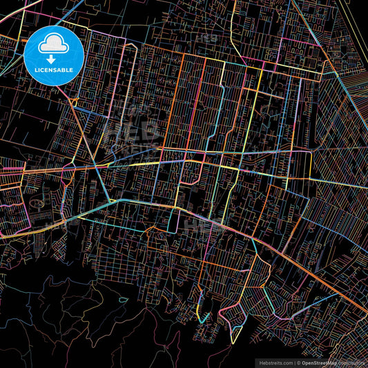 Coacalco de Berriozábal, México, Mexico, colorful city map on black background