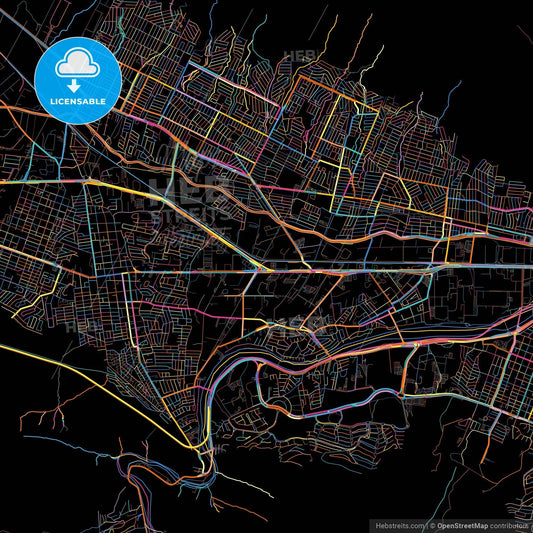 Santa Catarina, Nuevo León, Mexico, colorful city map on black background