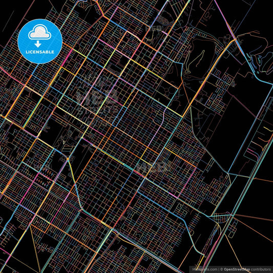 Los Mochis, Sinaloa, Mexico, colorful city map on black background