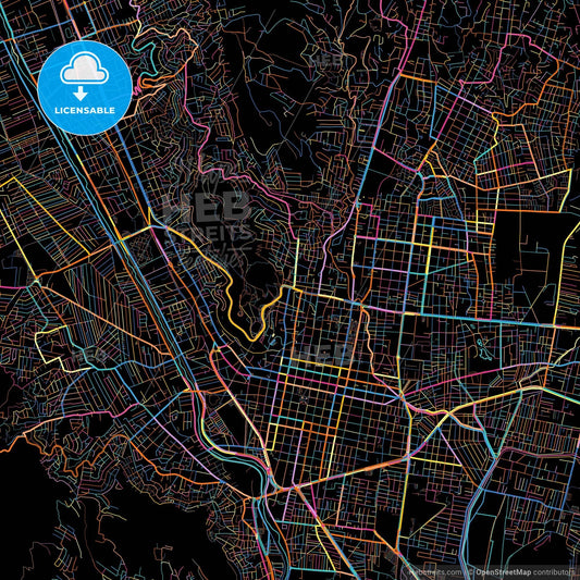 Oaxaca, Oaxaca, Mexico, colorful city map on black background