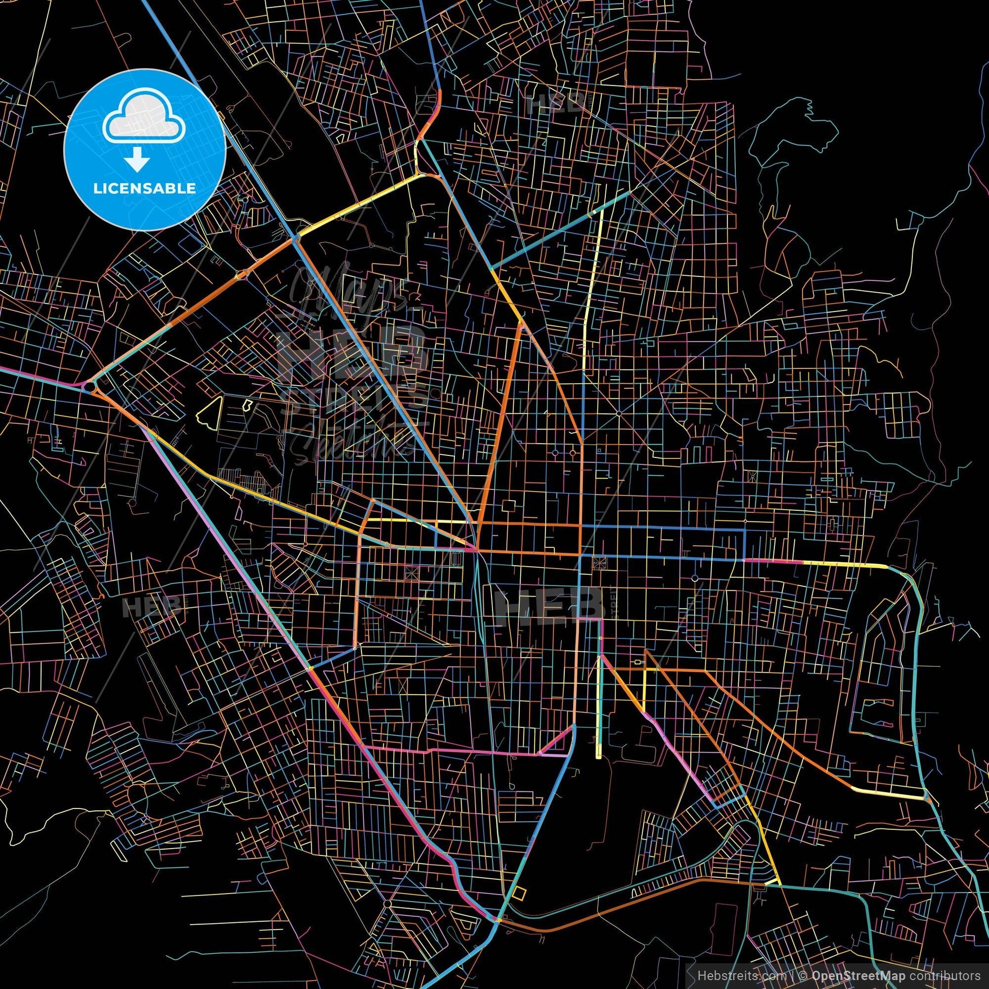 Tehuacán, Puebla, Mexico, colorful city map on black background