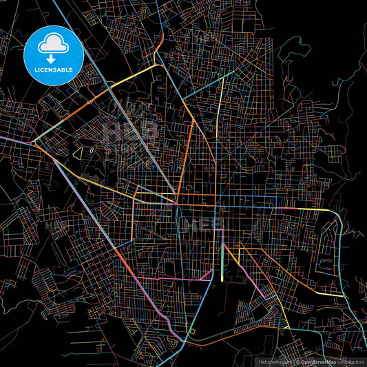 Tehuacán, Puebla, Mexico, colorful city map on black background