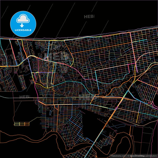 Coatzacoalcos, Veracruz, Mexico, colorful city map on black background