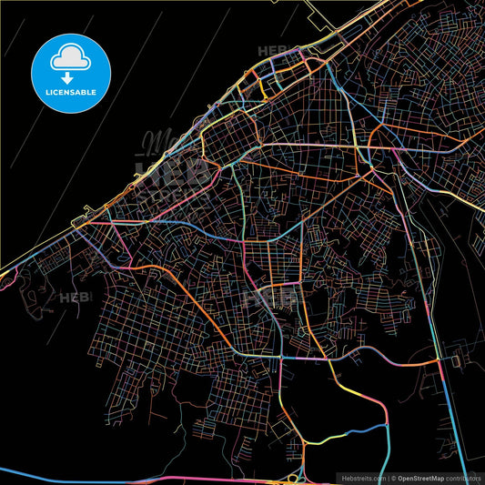 Campeche, Campeche, Mexico, colorful city map on black background