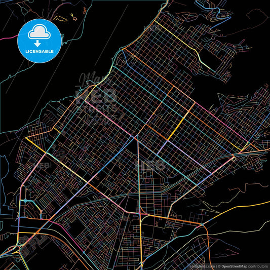 La Paz, Baja California Sur, Mexico, colorful city map on black background