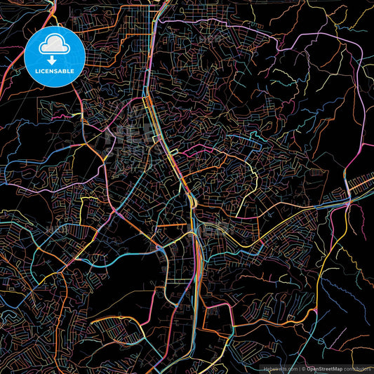 Nogales, Sonora, Mexico, colorful city map on black background