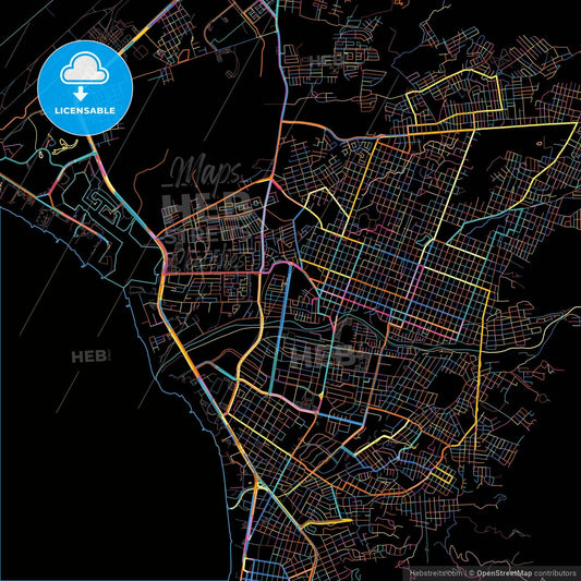 Puerto Vallarta, Jalisco, Mexico, colorful city map on black background