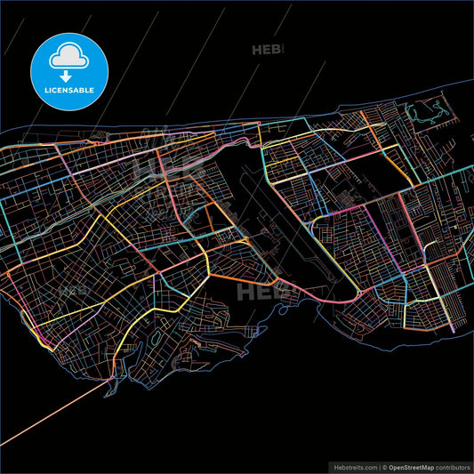 Ciudad del Carmen, Campeche, Mexico, colorful city map on black background