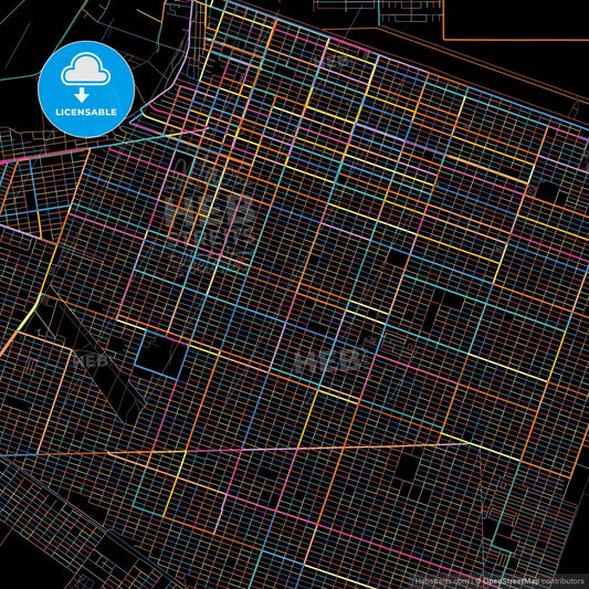 San Luis Río Colorado, Sonora, Mexico, colorful city map on black background