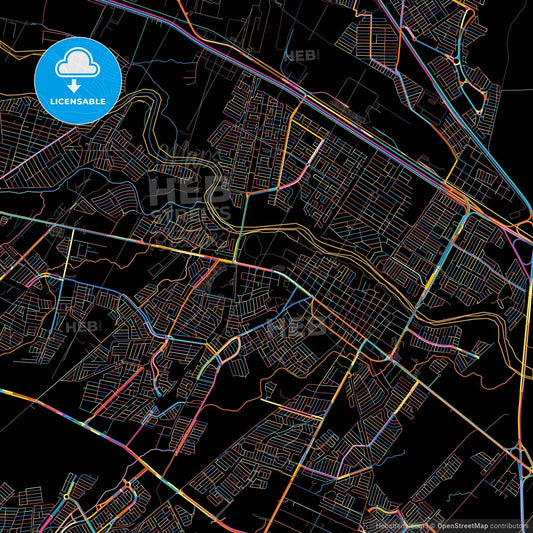 Ciudad Benito Juárez, Nuevo León, Mexico, colorful city map on black background