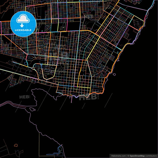 Chetumal, Quintana Roo, Mexico, colorful city map on black background