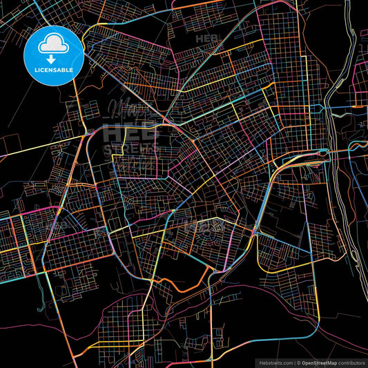 Piedras Negras, Coahuila, Mexico, colorful city map on black background