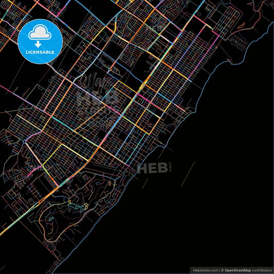 Playa del Carmen, Quintana Roo, Mexico, colorful city map on black background