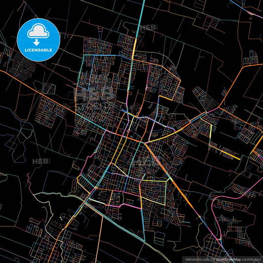 Zamora, Michoacán, Mexico, colorful city map on black background