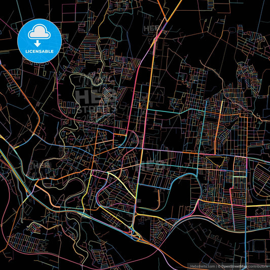 San Juan del Río, Querétaro, Mexico, colorful city map on black background