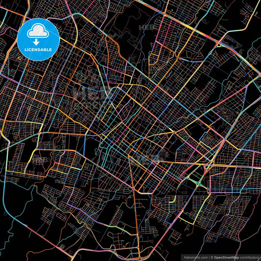 Colima, Colima, Mexico, colorful city map on black background