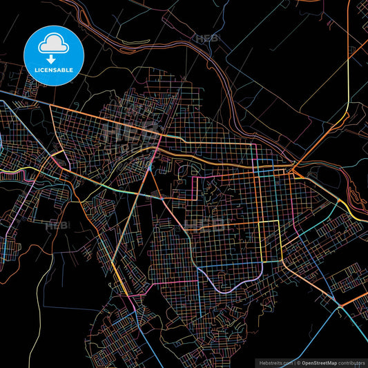 Ciudad Acuña, Coahuila, Mexico, colorful city map on black background
