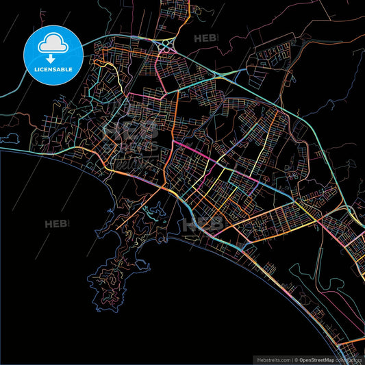 Manzanillo, Colima, Mexico, colorful city map on black background