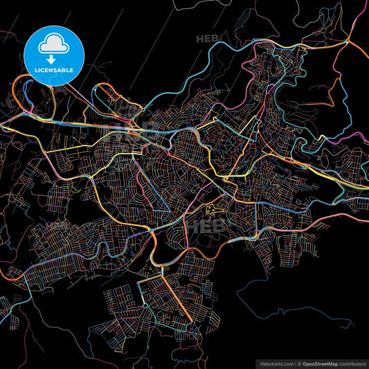 Zacatecas, Zacatecas, Mexico, colorful city map on black background