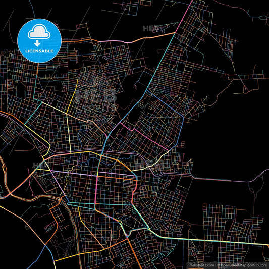 Ciudad Valles, San Luis Potosí, Mexico, colorful city map on black background
