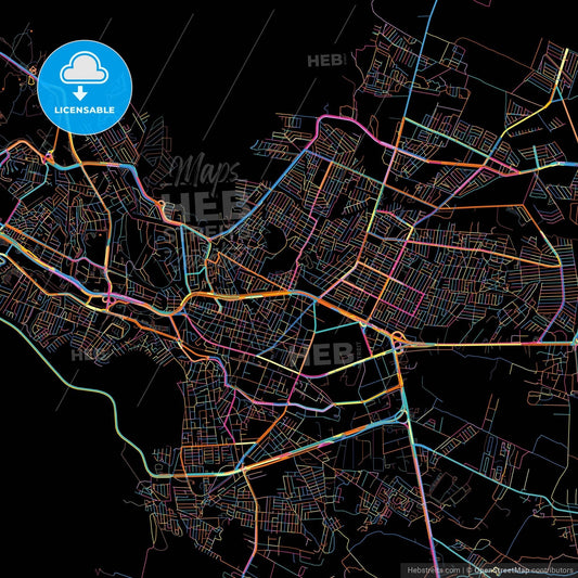 Guadalupe, Zacatecas, Mexico, colorful city map on black background