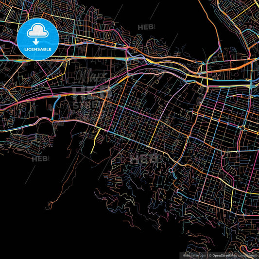 San Pedro Garza García, Nuevo León, Mexico, colorful city map on black background