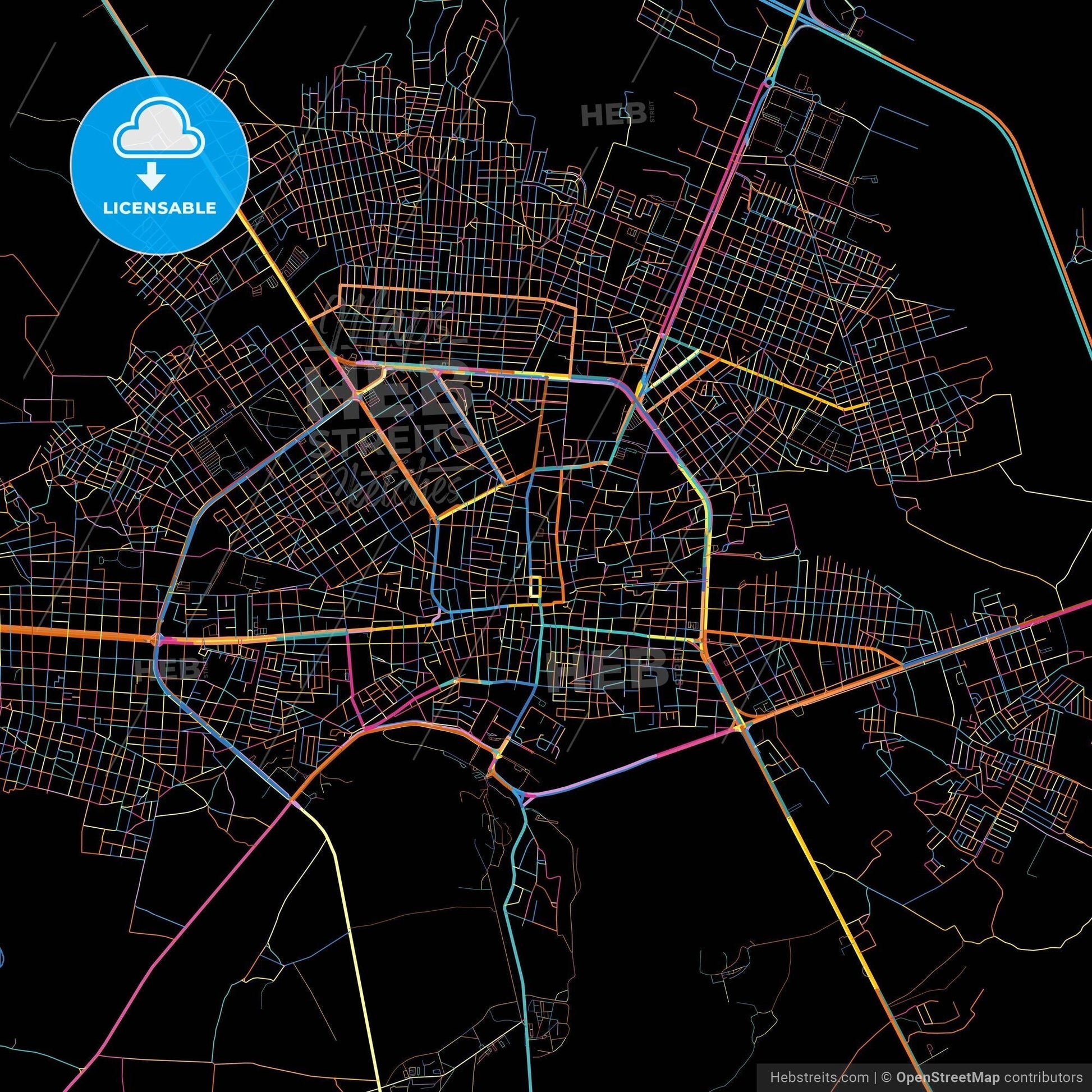 Fresnillo, Zacatecas, Mexico, Colorful City Map On Black Background –  HEBSTREITS, image size:1946x1946