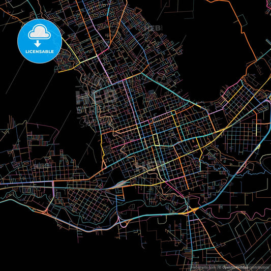 Orizaba, Veracruz, Mexico, colorful city map on black background