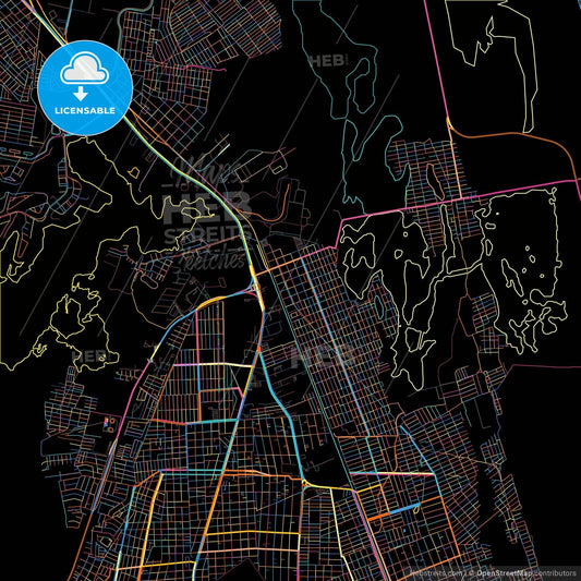 Miramar, Tamaulipas, Mexico, colorful city map on black background